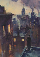 Cityscape with a figure on a rooftop at dusk
