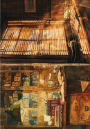 Collage of a wooden interior with shelves and a lamp, evoking a cozy, vintage atmosphere.