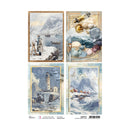 Set of four scenic cards featuring coastal landscapes with a lighthouse, mountains, and boats.