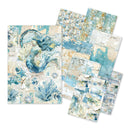Collection of decorative paper sheets with coastal theme featuring seashells, corals, and starfish.