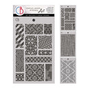 Triple layer stencil set with geometric patterns on a white background