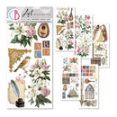 Set of vintage-themed stickers with flowers, birds, and architectural elements on a white background.