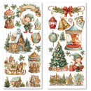 Two Christmas-themed sticker sheets with festive elements like elves, trees, and lanterns on a white background.