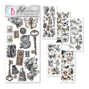 Collection of vintage-themed stickers with keys, butterflies, and decorative elements on a white background.