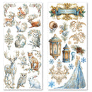 Decorative stickers with animals, lanterns, and ornaments on a white background