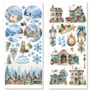 Two sheets of winter-themed stickers with snowy landscapes and village scenes.