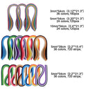 Colorful paper strips in various sizes with specifications on a white background