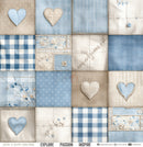 Patchwork pattern with blue and beige hearts and fabric textures.