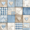 Patchwork pattern with blue and beige hearts and fabric textures