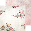 Decorative paper sheet with teddy bear, hot air balloon, and floral elements on a pink and white patterned background.
