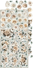 Decorative paper with beige and white floral pattern on a gray background