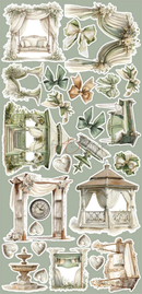 Decorative stickers with garden-themed elements on a light green background