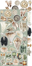 Collection of vintage-style illustrations including clocks, suits, fans, and other decorative elements on a light green background.