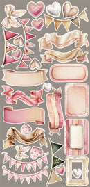 Decorative stickers with hearts, ribbons, and flags on a gray background