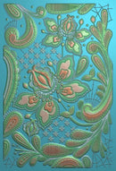 Decorative design with paisley patterns on a blue background