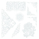 Decorative white lace pattern on a white background