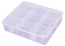 Clear plastic storage box with multiple compartments on a white background