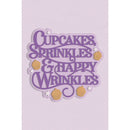 Decorative sign with 'Cupcakes, Sprinkles & Happy Wrinkles' text on a light purple background