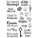 Clear stamps with various phrases and designs on a white background