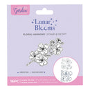 Floral stamp and die set packaging with 'Natures Garden' branding on a light purple background.