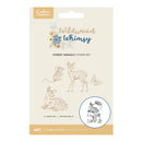 Package of 'Wildwood Whimsy' forest animals stamp set with illustrations on a beige background.