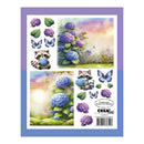 Sheet of stickers with raccoons, butterflies, and hydrangeas on a purple border
