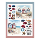 Sheet of decorative stickers with beach-themed designs including cat, dog, and flowers on a blue and pink border.