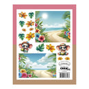 Design sheet with tropical elements, elephants, and flowers on a white background