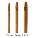 Three wooden crochet hooks of different sizes shown vertically on a white background, labeled 15mm, 15mm, and 25mm at the bottom.