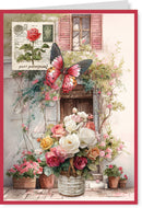 Greeting card with flowers, butterfly, and vintage window design.