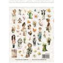 Sheet of decorative stickers featuring children, animals, and nature elements on a white background.