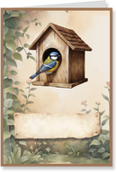 Card with a wooden birdhouse and a blue tit on a natural background