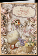 Greeting card with a goose, flowers, and a basket on a decorative background