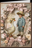 Vintage-style card with a boy and goose surrounded by flowers and decorative ribbons.