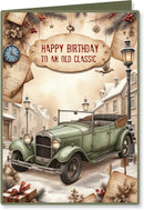 Vintage birthday card with a green classic car in a snowy village scene.