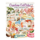 A sheet of Creative Cut Outs stickers featuring a 'Mice Vacation 02' theme with various colorful beach and summer illustrations, including seahorses, flamingos, octopuses, shells, and tropical text labels.
