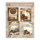Vintage-themed product packaging with images of a dartboard, chair, car, and fishing scene, featuring the brand 'Vintage Gentlemen'.