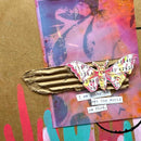 Colorful art piece with a butterfly and text on a textured background