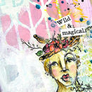 Artistic illustration of a face with floral headpiece and text 'Wild & Magical' on a colorful abstract background.