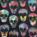 Colorful skull designs on a black background