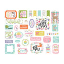 Collection of colorful stickers with various designs and text on a white background