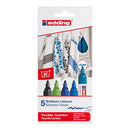 Packaging of edding textile markers with sample applications on fabric.