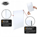 Product display with acrylic sheet, highlighting sturdiness and rounded corners, on a white background.