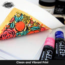 Colorful print on paper with GELEIF acrylic paint tubes in the foreground
