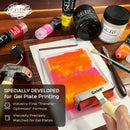 Gel paint tubes, brushes, and a gel plate with colorful design on a wooden surface, featuring the Geelf brand.
