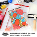 Floral design transfer sheet with Geleef acrylic paint bottles and tools on a white surface.