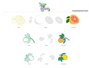 Coordinating Stencil Guide with lemon, orange, and leaf designs on a white background.