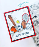 Card with sports-themed stamps and 'gina k Designs' branding on a white background.