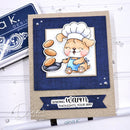 Card with a cartoon dog chef holding a pan of bread, featuring the brand 'Dina K.'