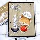 Card with a cartoon bear chef character cooking on a grill, featuring the text 'May Good Things Fill Your Day' by Dina K.